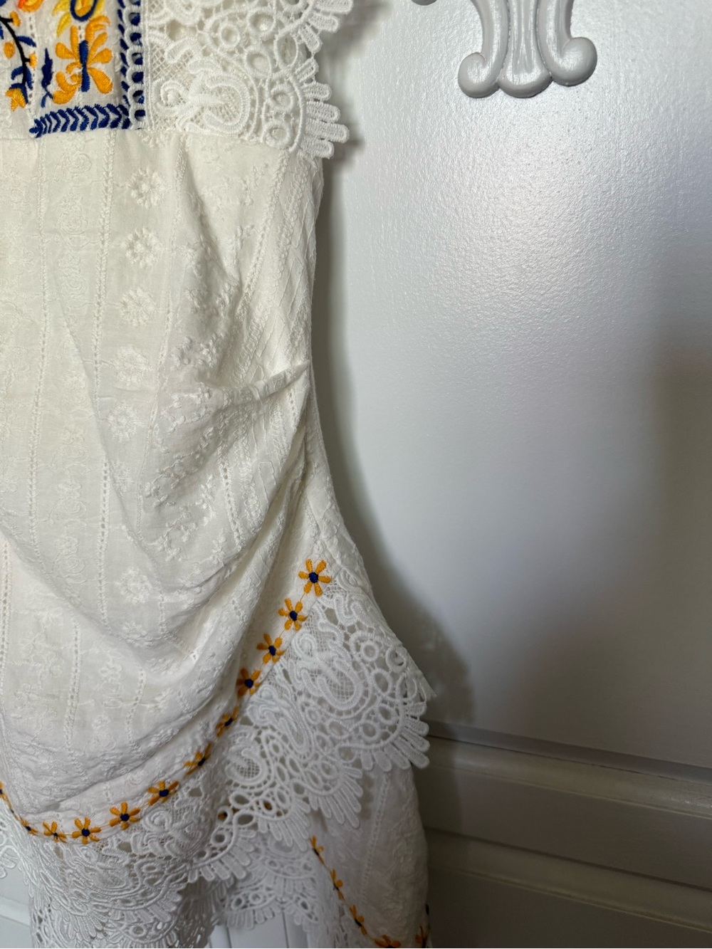 White Lace Mini Dress with Yellow & Blue Embroidery - Picture 4 of 9